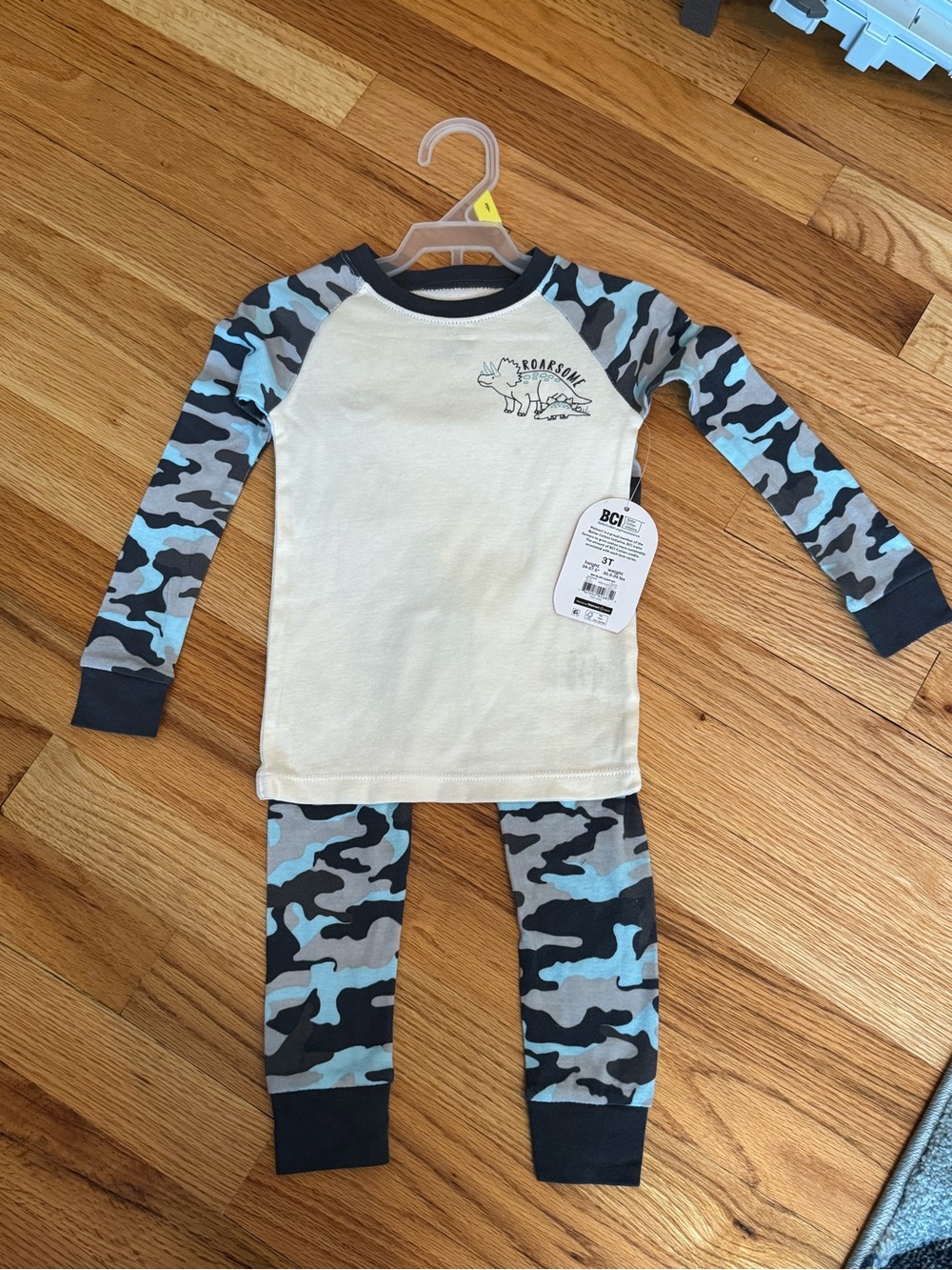 wonder nation Cream Top with Blue Camo Sleeve and Pant Pajama Set